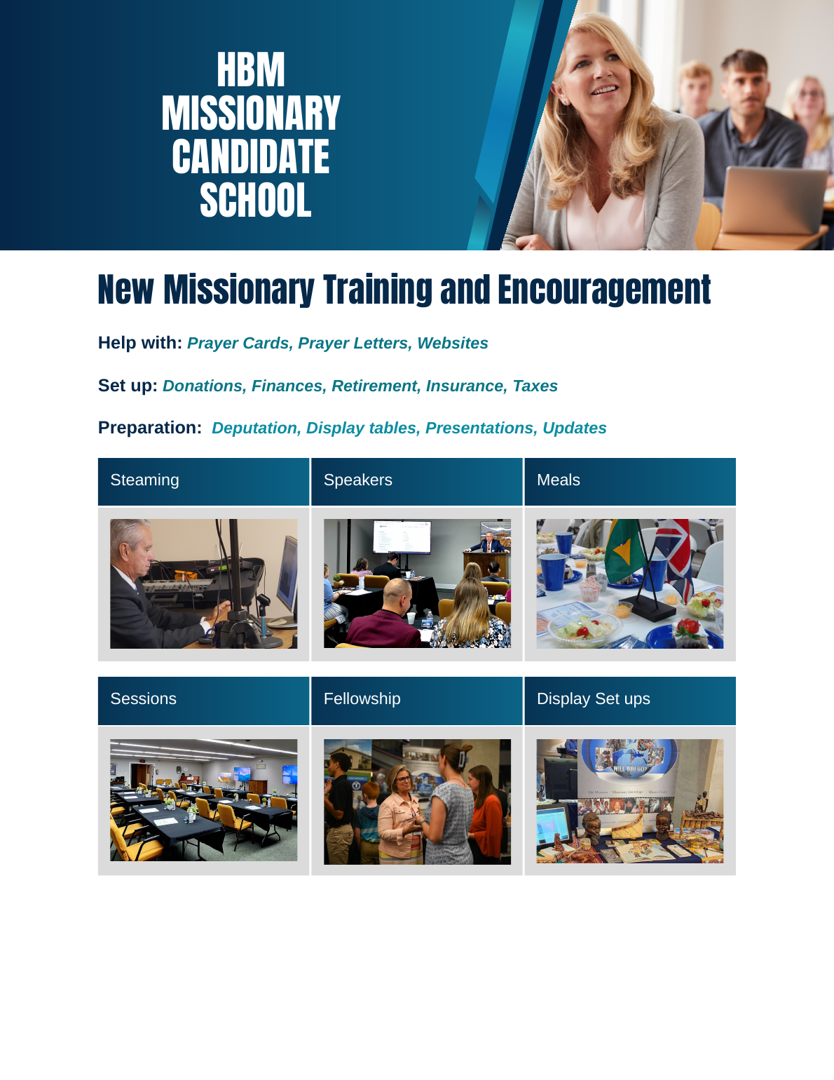 HBM Missionary Candidate School flyer for new missionary training and encouragement